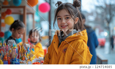 Young asian girls enjoying a colorful outdoor market, shopping for art supplies in vibrant yellow coats 124714085