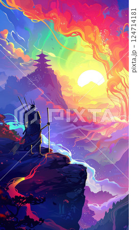 A vibrant digital art piece depicting a samurai silhouette against a vivid sunset. Generate Ai 124714181