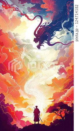 A vibrant digital art piece depicting a samurai silhouette against a vivid sunset. Generate Ai 124714182