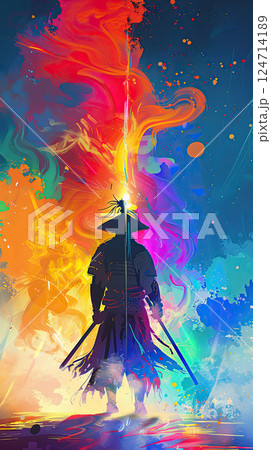 A vibrant digital art piece depicting a samurai silhouette against a vivid sunset. Generate Ai 124714189