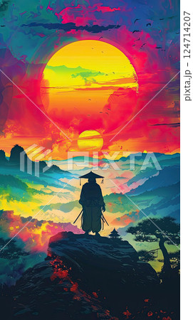 A vibrant digital art piece depicting a samurai silhouette against a vivid sunset. Generate Ai 124714207