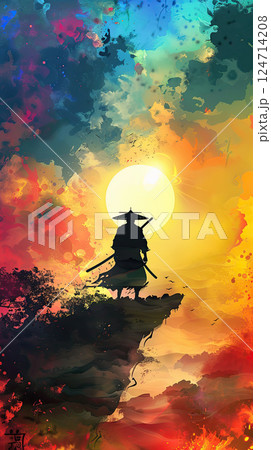 A vibrant digital art piece depicting a samurai silhouette against a vivid sunset. Generate Ai 124714208