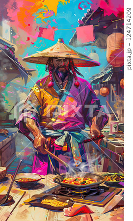 A vibrant digital art piece depicting a samurai silhouette against a vivid sunset. Generate Ai 124714209