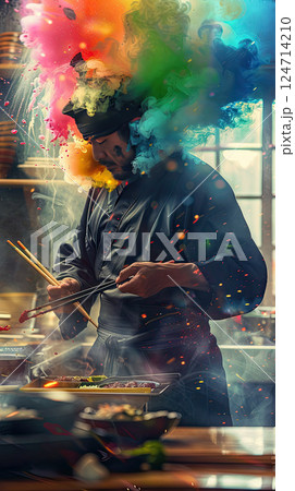 A vibrant digital art piece depicting a samurai silhouette against a vivid sunset. Generate Ai 124714210