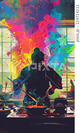 A vibrant digital art piece depicting a samurai silhouette against a vivid sunset. Generate Ai 124714211