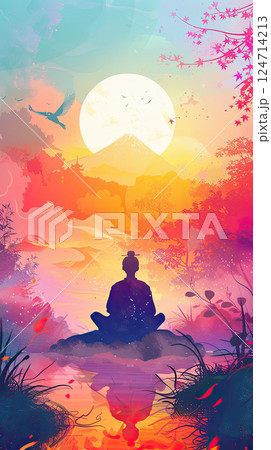 A vibrant digital art piece depicting a samurai silhouette against a vivid sunset. Generate Ai 124714213