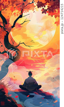 A vibrant digital art piece depicting a samurai silhouette against a vivid sunset. Generate Ai 124714215