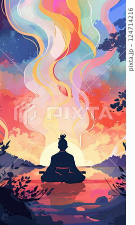 A vibrant digital art piece depicting a samurai silhouette against a vivid sunset. Generate Ai 124714216
