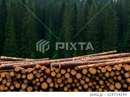 Pile of logs with a background of trees 124714244