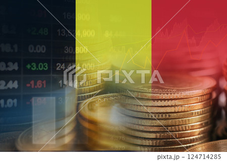 Belgium flag with stock market finance, economy trend graph digital technology. Belgium flag with stock market finance, economy trend graph digital technology. 124714285