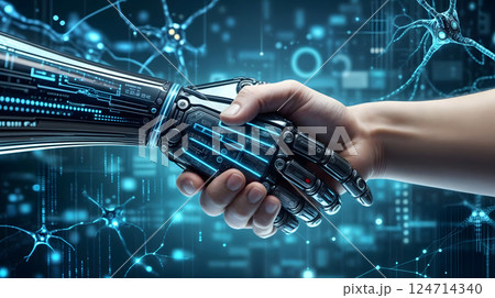 Symbiosis of Intelligence.  A human hand clasps a robotic, AI-enhanced hand, symbolizing the merging of human and artificial intelligence.  124714340