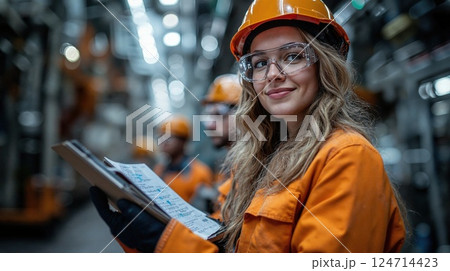 Empowered female engineer in industrial setting with safety gear and team collaboration 124714423