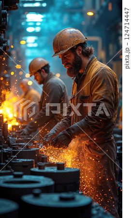 Industrial blacksmith workshop: skilled metalworkers forging with intensity and precision 124714447