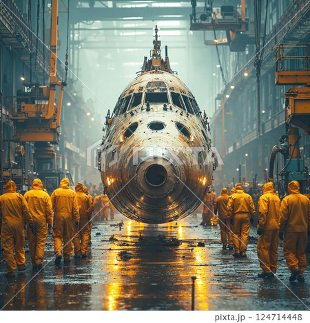 Industrial dystopian scene with rusty aircraft and workers in yellow hazmat suits in factory setting 124714448