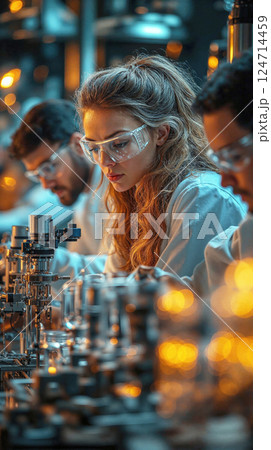 Innovative laboratory research team in action - focused young scientists conducting experiments in a modern high-tech lab setting with warm ambient lighting 124714459