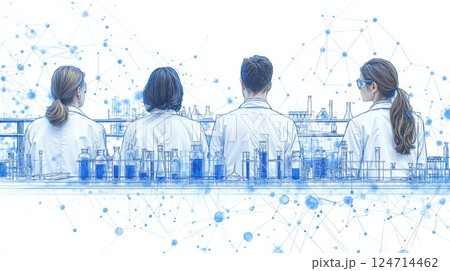 Innovative scientific research team in modern laboratory setting with high-tech network visualization 124714462