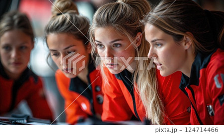 Intense team collaboration in red uniforms: focused women engaged in strategic planning session 124714466