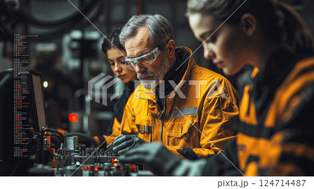 Skilled technicians collaborating on precision engineering in industrial workshop 124714487