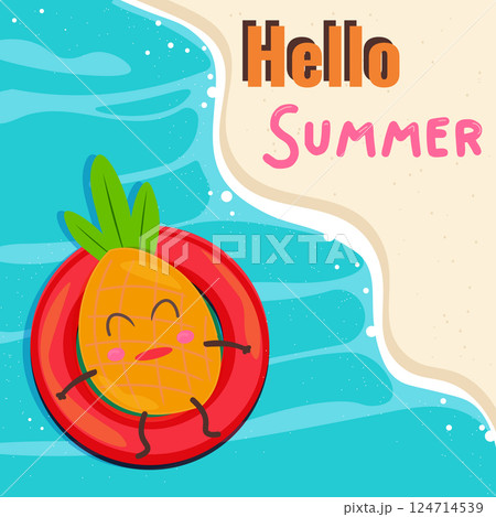 Hello summer vector banner template. Hello summer text with colorful beach elements like pineapple lying on the pool circle in the sea, sandy beach . Vector illustration. Hello summer vector banner template. Hello summer text with colorful beach elements like pineapple lying on the pool circle in the sea, sandy beach . Vector illustration. 124714539