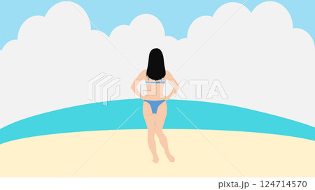 浜辺で夏休みを満喫する女性のイラスト(海水浴) 124714570