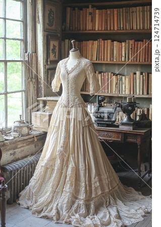 Vintage bridal elegance in rustic library setting for antique home decor and fashion inspiration Vintage bridal elegance in rustic library setting for antique home decor and fashion inspiration 124714739