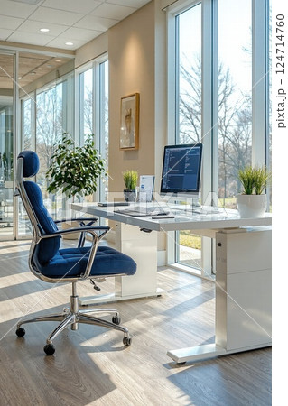 Modern sunlit workspace with ergonomic chair and programming setup 124714760