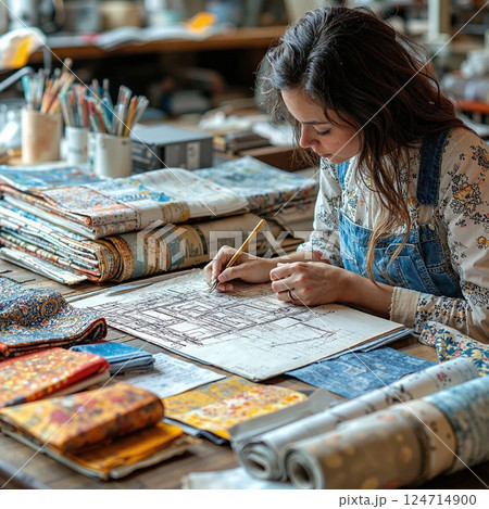 Creative textile designer crafting detailed fabric patterns in a rustic studio setting 124714900
