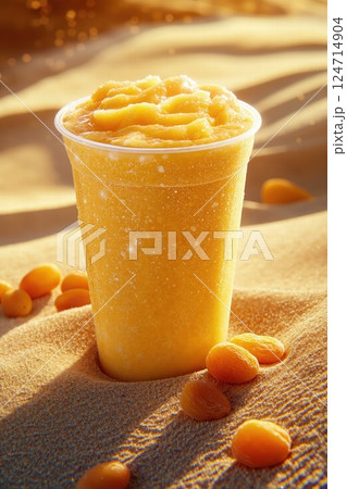 Refreshing summer mango smoothie on sandy beach at sunset perfect for tropical getaways and relaxation themes 124714904