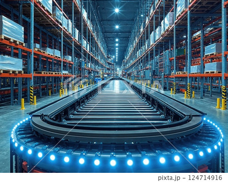 Futuristic warehouse automation with illuminated conveyor system for efficient logistics and inventory management 124714916