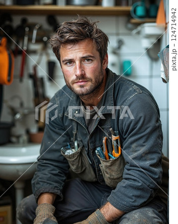 Rugged craftsman in industrial workshop setting with tools for practical application Rugged craftsman in industrial workshop setting with tools for practical application 124714942