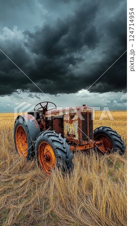Rustic autumn storm: vintage tractor in wheat field under dramatic skies, agriculture and nostalgia, perfect for rural themed projects Rustic autumn storm: vintage tractor in wheat field under dramatic skies, agriculture and nostalgia, perfect for rural themed projects 124714954