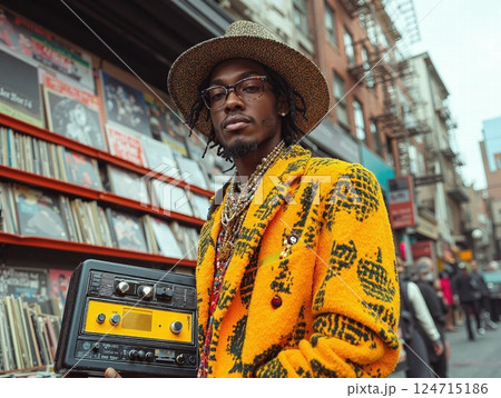 Retro urban fashion scene with stylish individual holding vintage tape recorder on city street 124715186