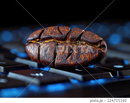 Coffee bean on backlit keyboard with modern technology theme 124715192