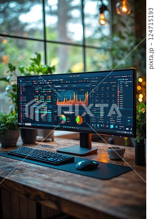 Modern workspace with data analytics dashboard on widescreen monitor in rustic office setting for tech professionals and designers 124715193