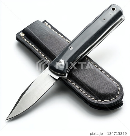 Sleek pocket knife design with protective case for outdoor adventure and survival Sleek pocket knife design with protective case for outdoor adventure and survival 124715259
