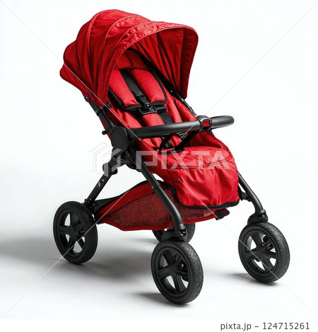 Sleek red baby stroller on white background for modern parenting concepts and design 124715261