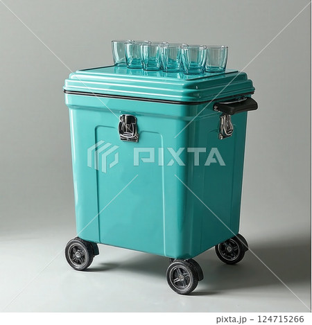 Sleek teal mobile cooler with glasses for stylish outdoor gatherings and fun events 124715266