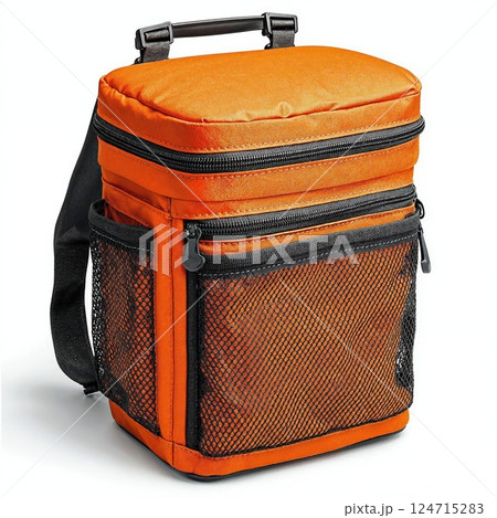 Vibrant orange insulated lunch bag with mesh pockets for outdoor picnics and school 124715283