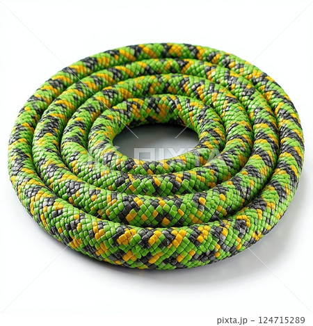 Vibrant patterned climbing rope coiled in circular design highlighting safety and craftsmanship Vibrant patterned climbing rope coiled in circular design highlighting safety and craftsmanship 124715289
