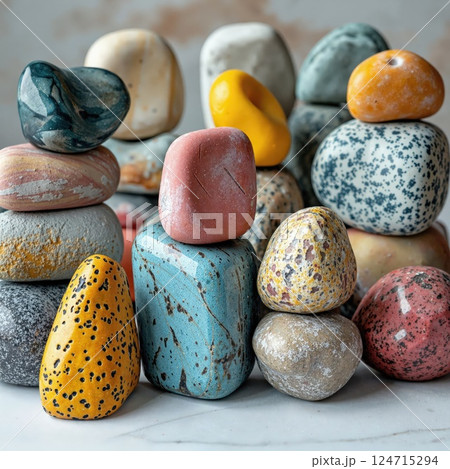 Vibrant stacked stones display earthy textures and patterns for interior design and zen inspiration 124715294