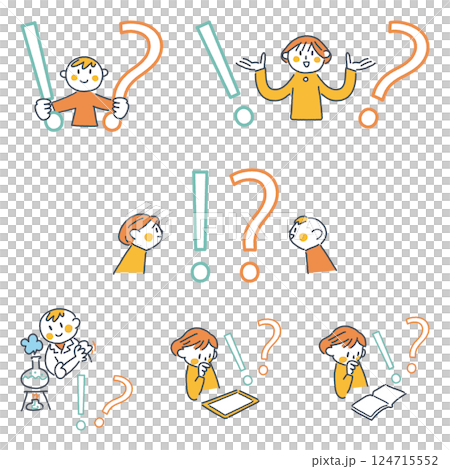 !?マーク,知識の前でリアクションする小学生　セットのストックイラスト素材 124715552