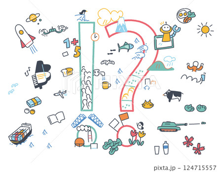 !?疑問や探求心の上に広がる小学生くらいの世界観　ストックイラスト素材 124715557