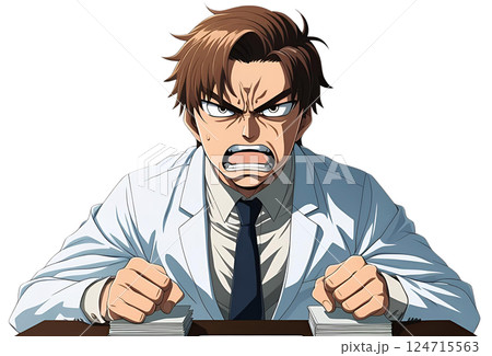 白バックにワイシャツの上に白衣を着た研究者の男性のイラスト 白バックにワイシャツの上に白衣を着た研究者の男性のイラスト 124715563