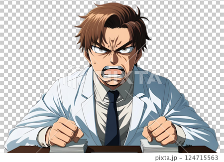 白バックにワイシャツの上に白衣を着た研究者の男性のイラスト 白バックにワイシャツの上に白衣を着た研究者の男性のイラスト 124715563