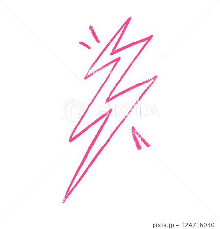 Pink outline Lightning drawn electric energy flash. Hand-sketched thunder bolt doodle icon. Flat vector illustration isolated 124716030