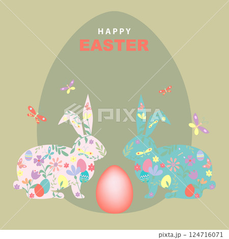 Banner of Easter bunny, hand drawn flat design Happy Easter flowers, eggs and butterflies, in pastel colors style. Vector illustration on vintage colors background with copy space Banner of Easter bunny, hand drawn flat design Happy Easter flowers, eggs and butterflies, in pastel colors style. Vector illustration on vintage colors background with copy space 124716071