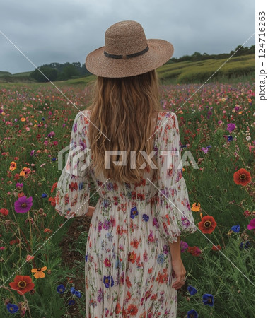 Woman walking through colorful flower field wearing a floral dress and straw hat 124716263