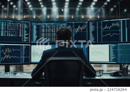Professional trader analyzing stock market trends in a modern trading room at night Professional trader analyzing stock market trends in a modern trading room at night 124716264