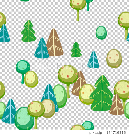 Seamless pattern of cartoon forest. Minimalist childish stylized trees, firs and bushes, without a background. Perfect for printing on fabric, clothes, wallpapers, carpets, wrap paper packages, etc. Seamless pattern of cartoon forest. Minimalist childish stylized trees, firs and bushes, without a background. Perfect for printing on fabric, clothes, wallpapers, carpets, wrap paper packages, etc. 124716516