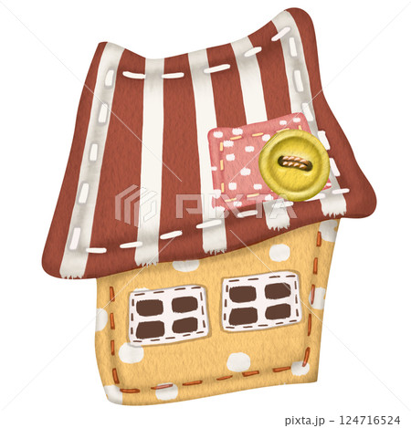 Textile house for decoration. Watercolor illustration handmade crafts. Cute cozy home for printing postcards, notebooks, stickers, dishes, T-shirts, etc. Design of a site on sewing and needlework. Textile house for decoration. Watercolor illustration handmade crafts. Cute cozy home for printing postcards, notebooks, stickers, dishes, T-shirts, etc. Design of a site on sewing and needlework. 124716524